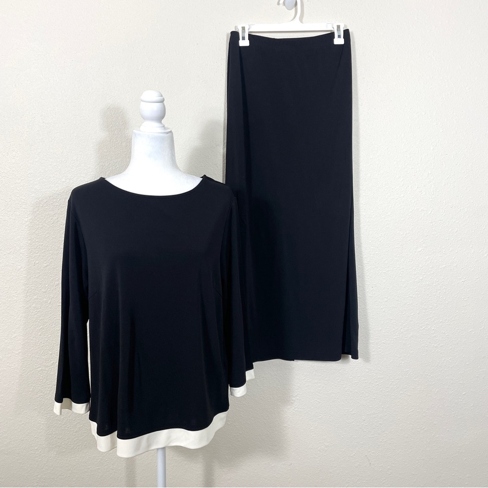 Talbots Skirt Set Large Black Cream Trim 3/4 Length Sleeve 2 Piece Casual